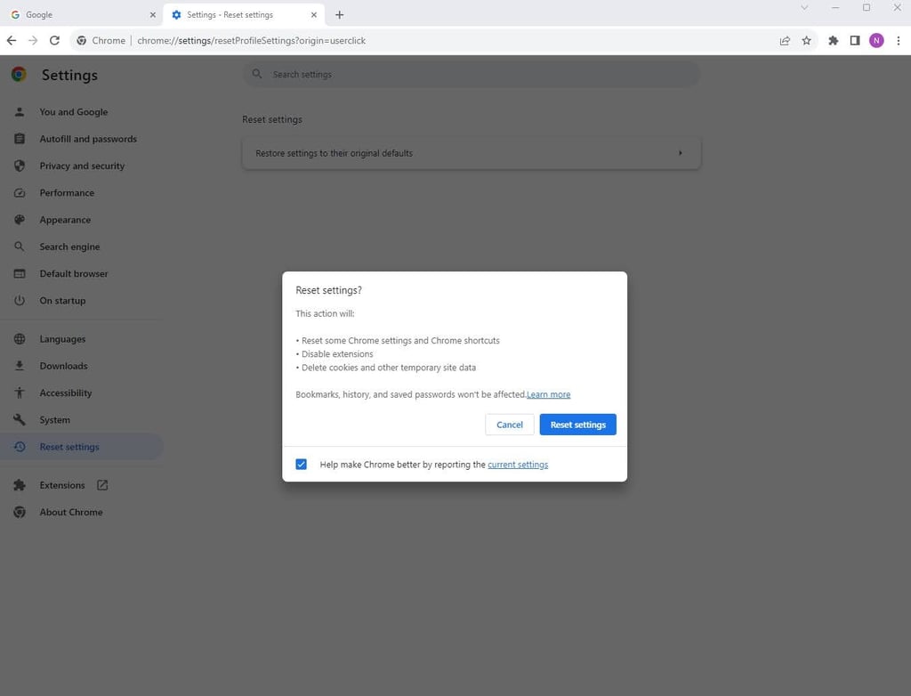 Reset settings button to confirm