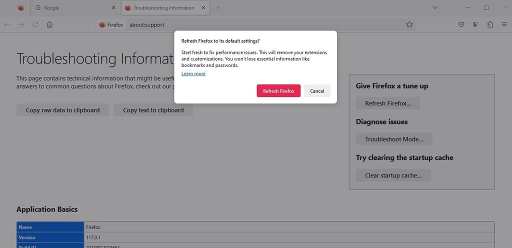 Confirm refresh settings on Firefox