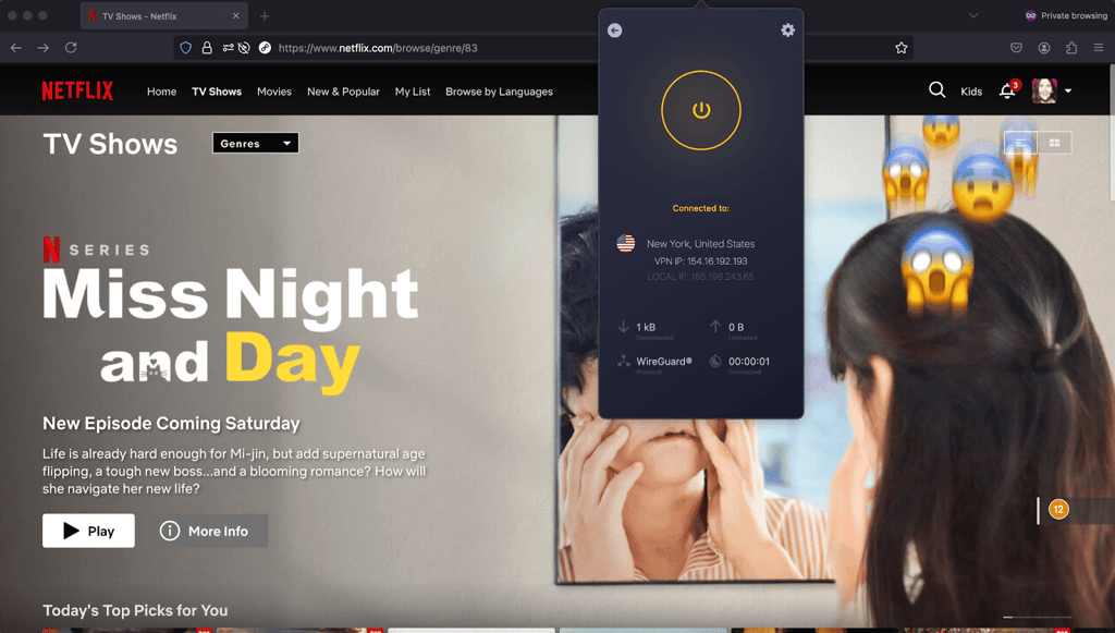 Streaming Netflix while connected to CyberGhost's US server