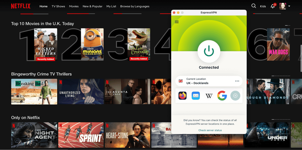 Streaming Netflix while connected to ExpressVPN's UK server