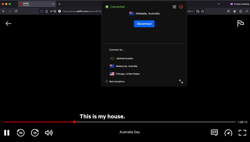 Streaming Netflix while connected to IPVanish's Australia server