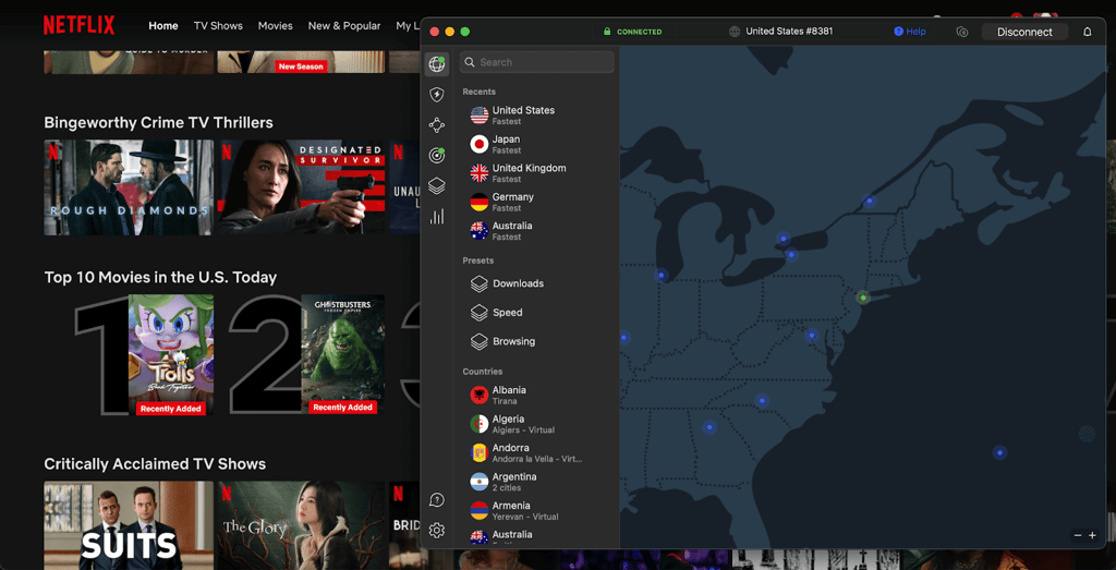 Streaming Netflix while connected to NordVPN's US server