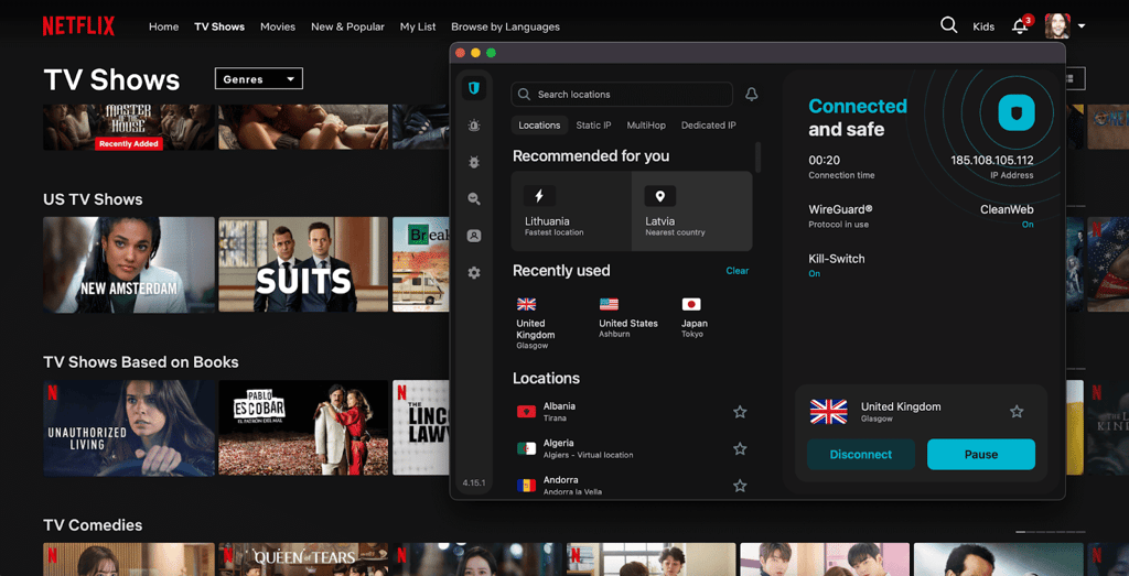 Streaming Netflix while connected to Surfshark's US server