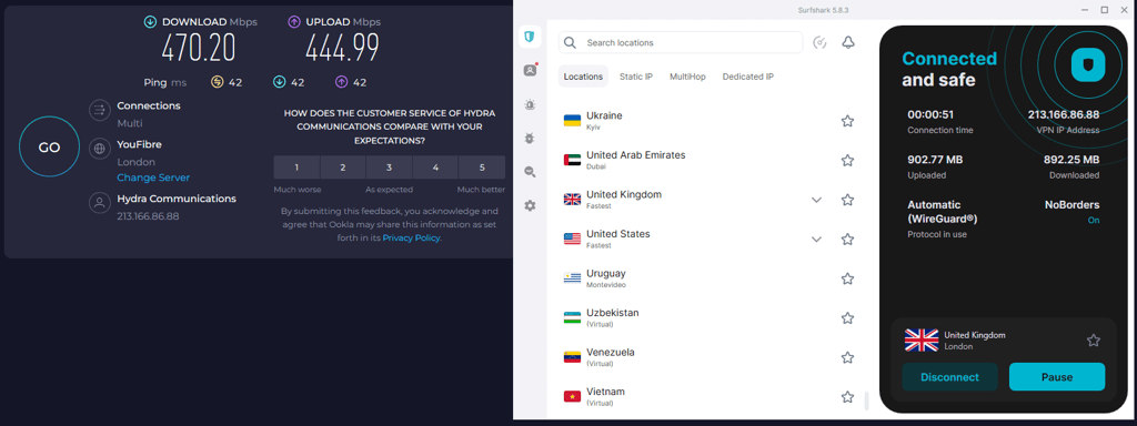 Surfshark speed test with US server