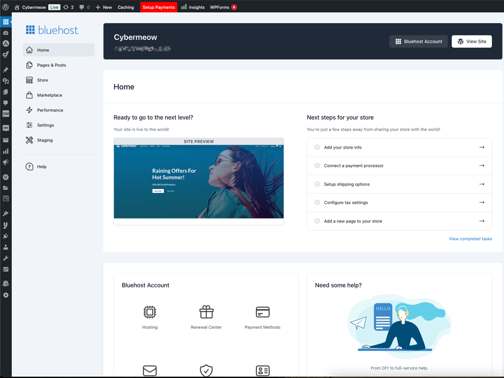 bluehost builder dashboard hosting