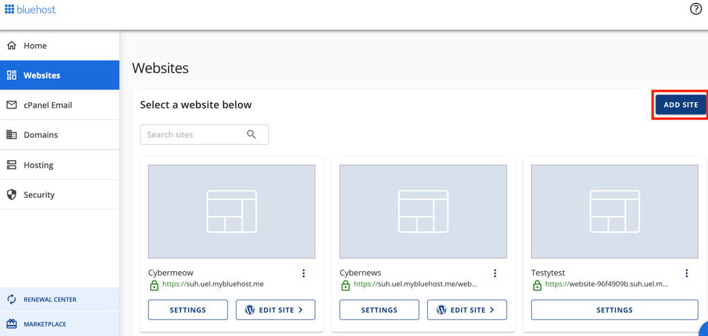 bluehost wb add site