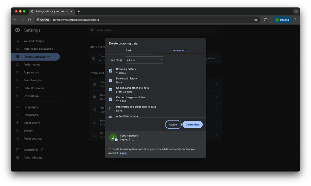 Clearing all browsing data