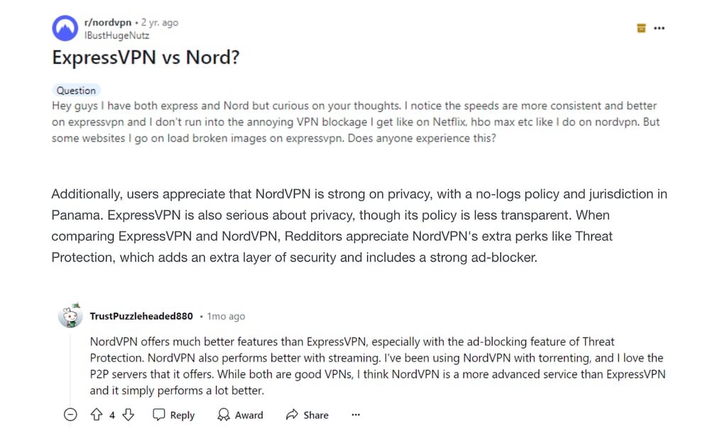 ExpressVPN vs. NordVPN Reddit Kommentare
