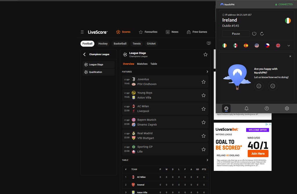 livescore with vpn