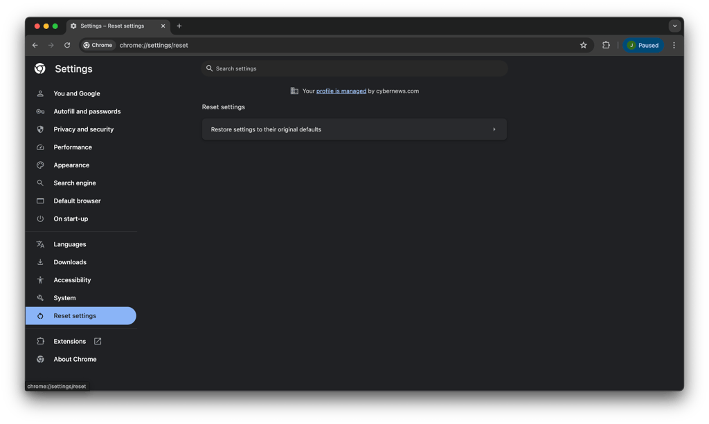 Resetting settings