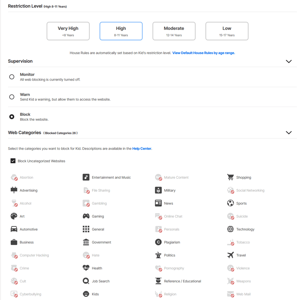 norton parental control restriction level