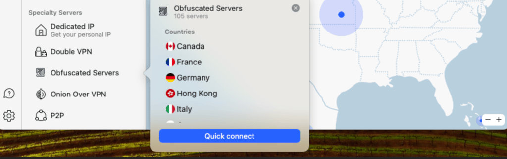 NordVPN Obfuscated servers interface