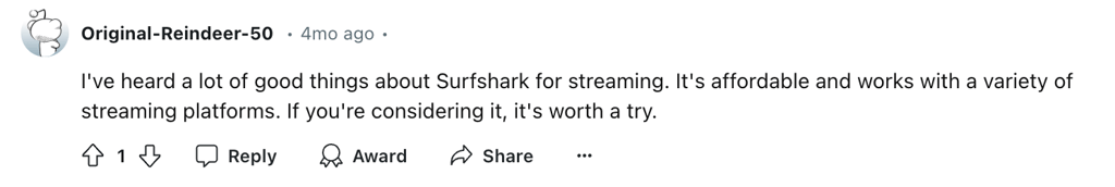 Reddit comment about Surfshark