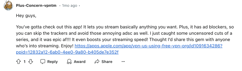 Reddit comment promoting a particular VPN services