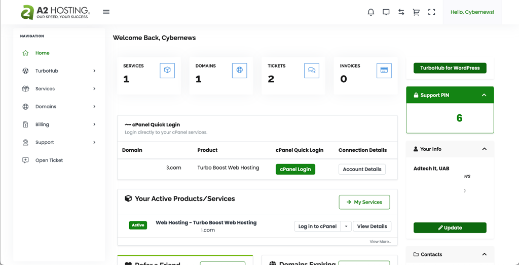 A2 Hosting control panel