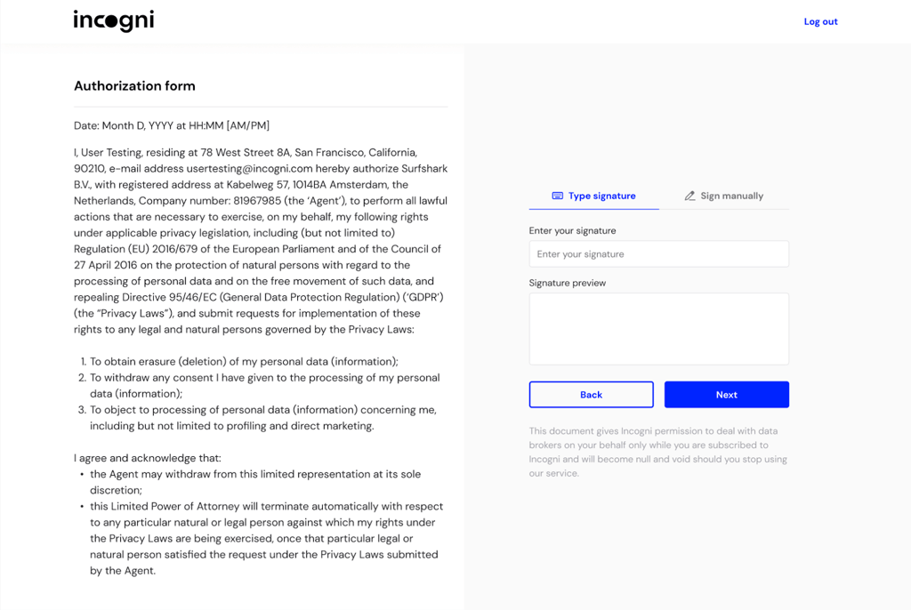 authorization form incogni