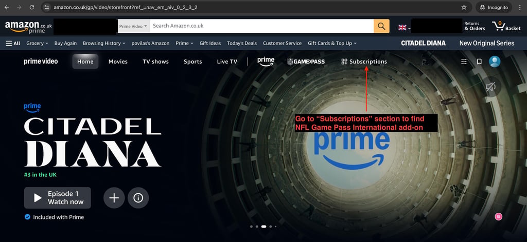 How to find NFL game pass internation addon on amazon prime video