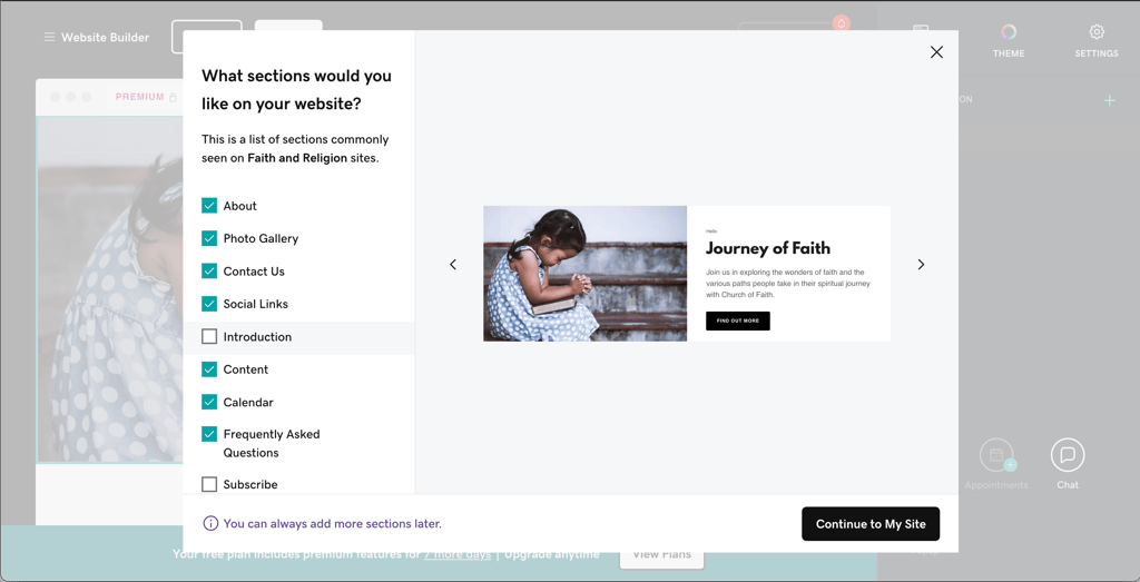 GoDaddy website builder selection
