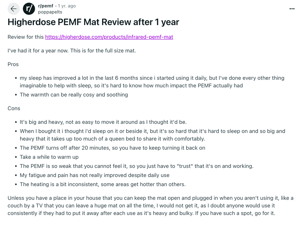 higherdose pemf mat review