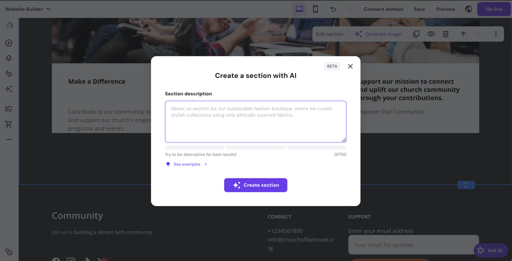 Hostinger AI section builder interface