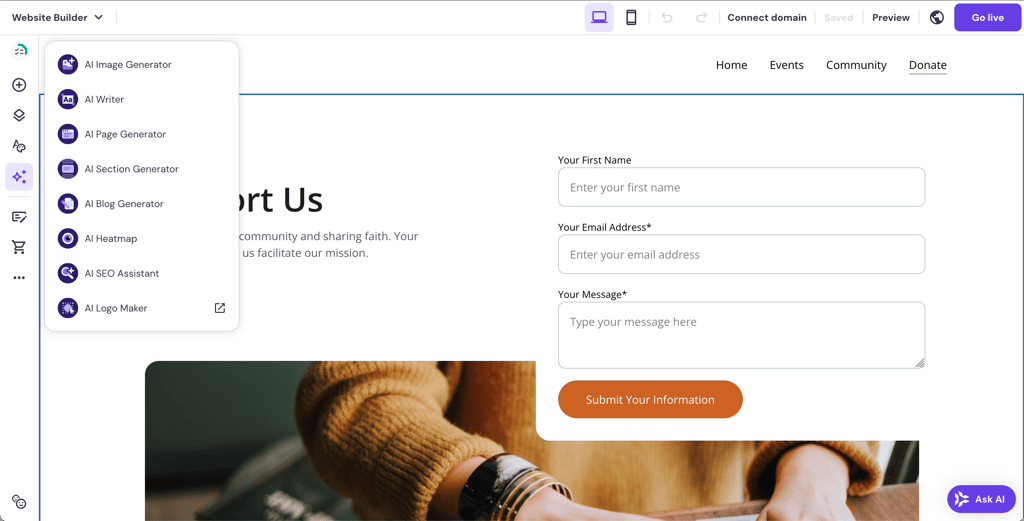Hostinger AI builder features