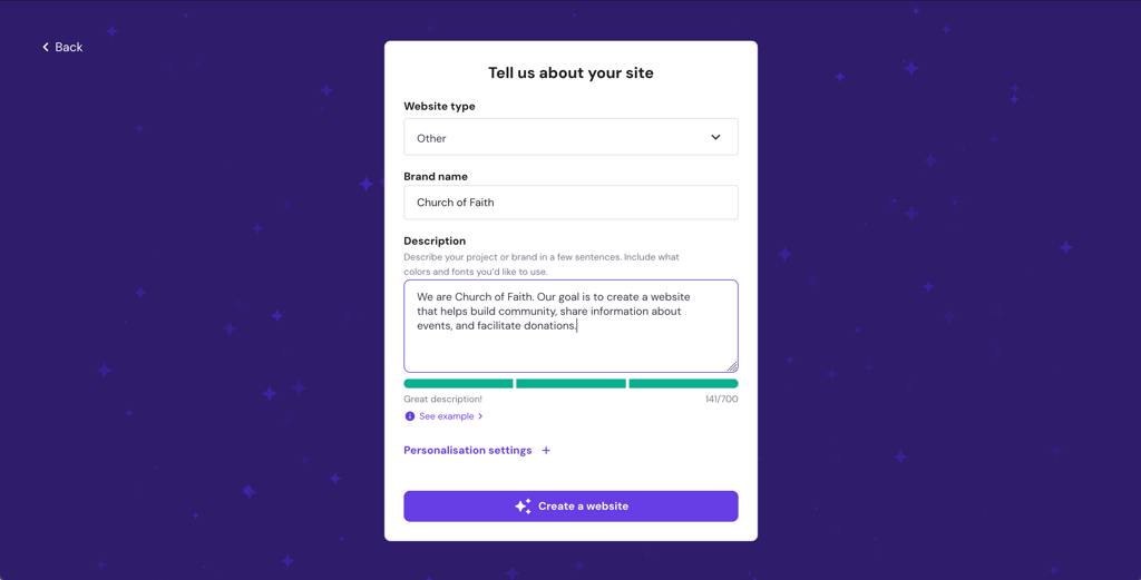 Hostinger website AI builder interface