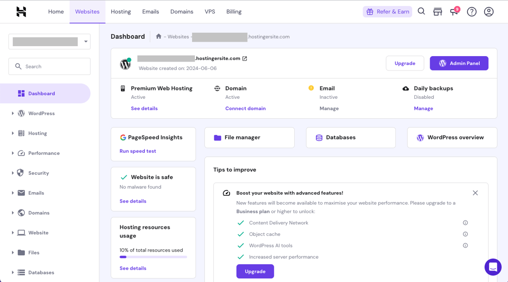 Hostinger dashboard interface
