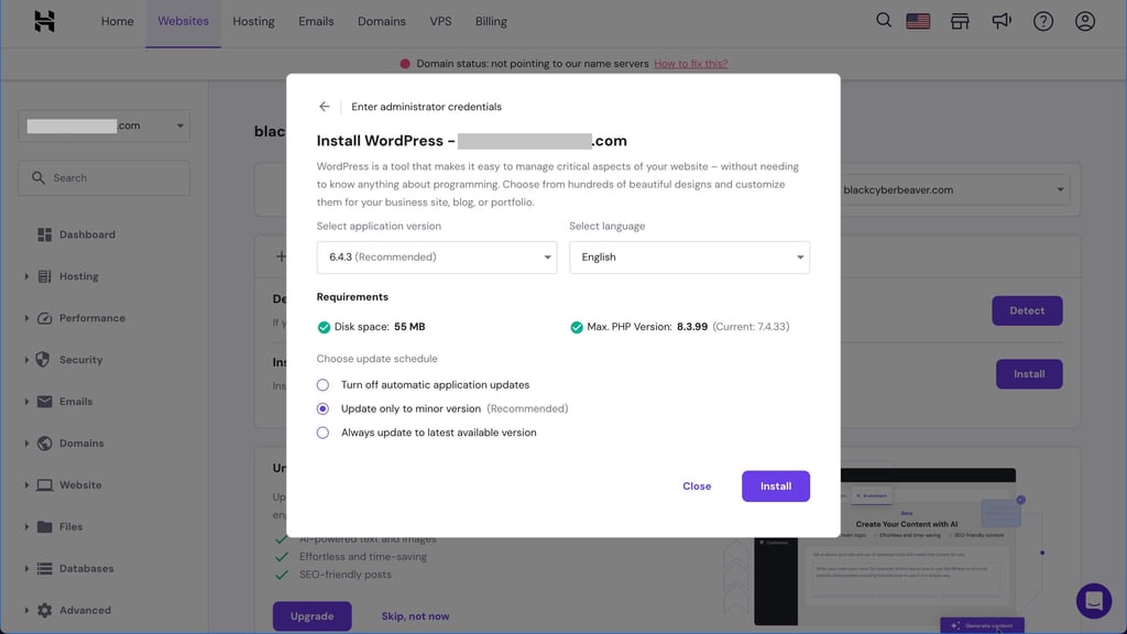 Hostinger installing WordPress