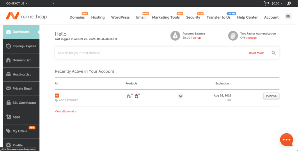 Namecheap dashboard