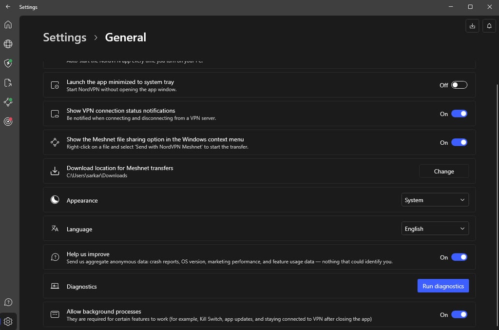 NordVPN settings menu with data collection setting enabled