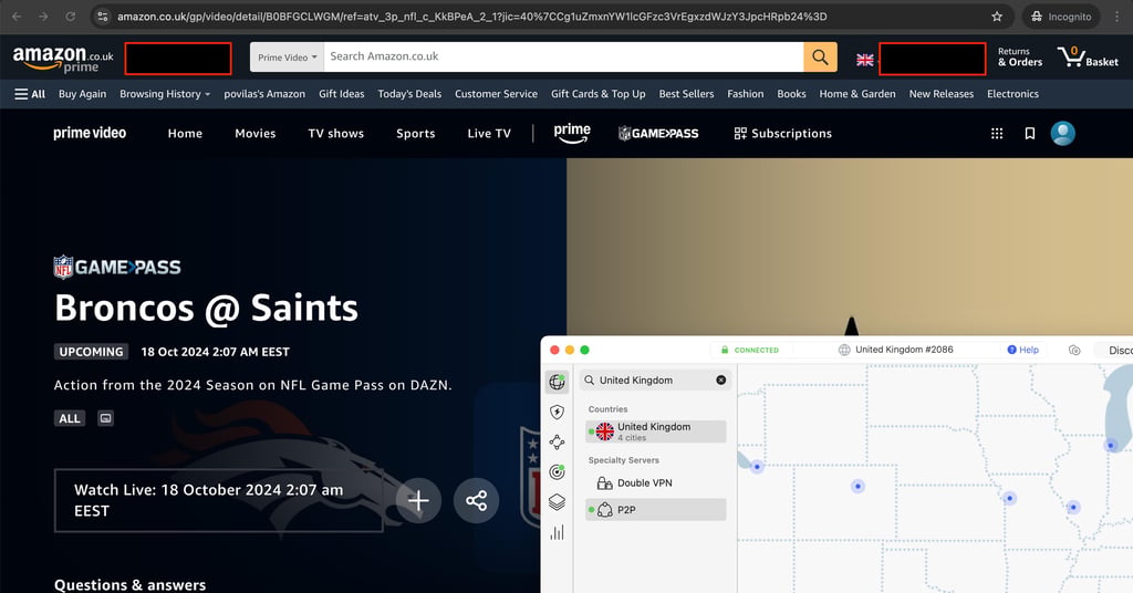 Using NordVPN for NFL game pass International on Amazon Prime Video