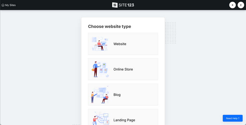 SITE123 website type selection interface