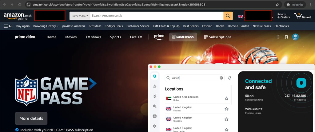 Using Surfshark for NFL game pass on Amazon Prime Video