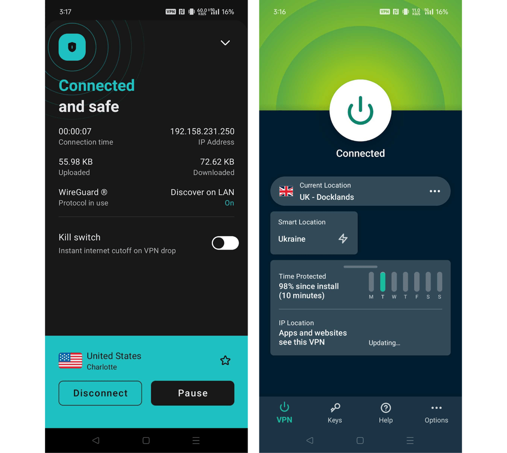 surfshark vs expressvpn mobile app interfaces