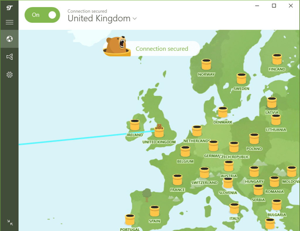 Server selection screen TunnelBear