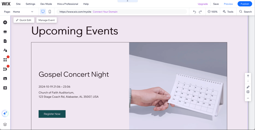 Wix website builder upcoming events