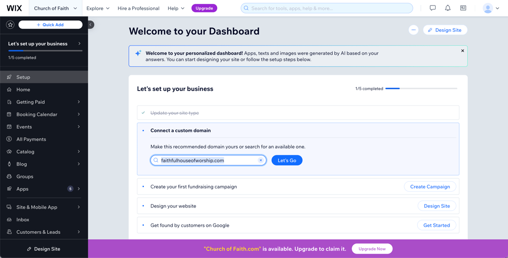 Wix website builder dashboard