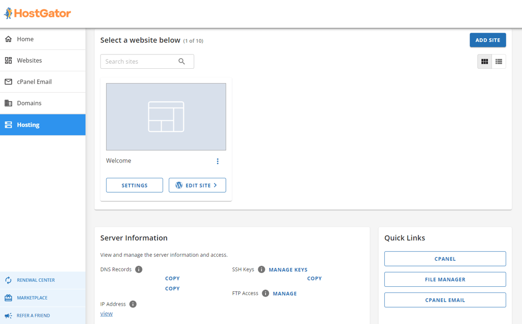 HostGator dashboard