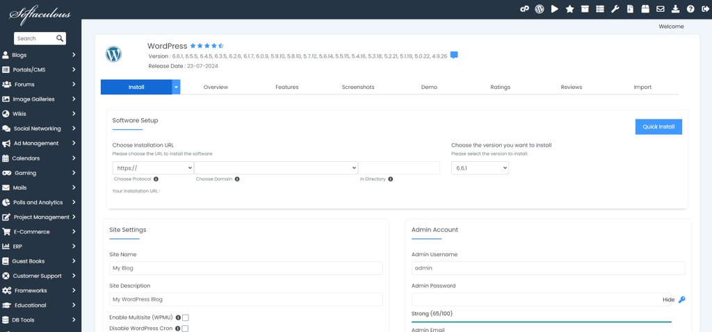 WordPress installation information fields with Softaculous