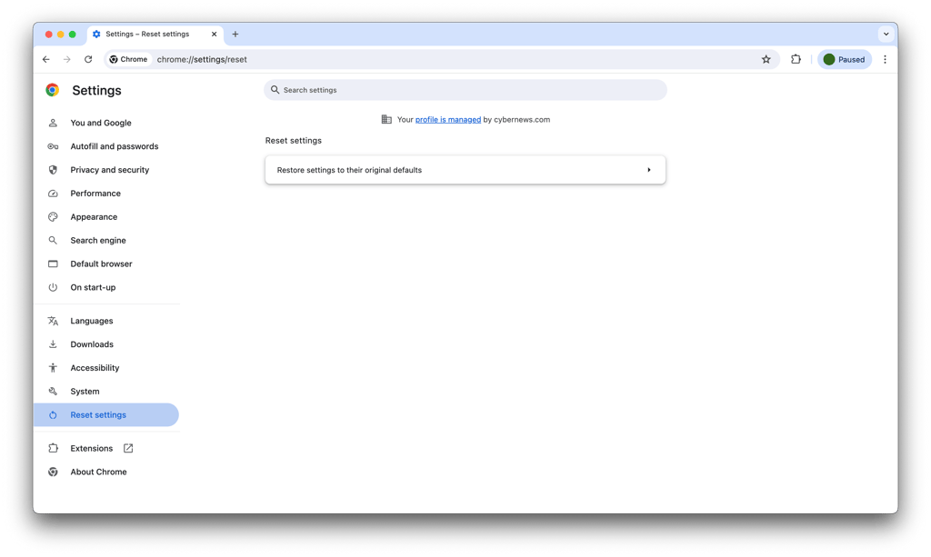 Chrome reset settings menu