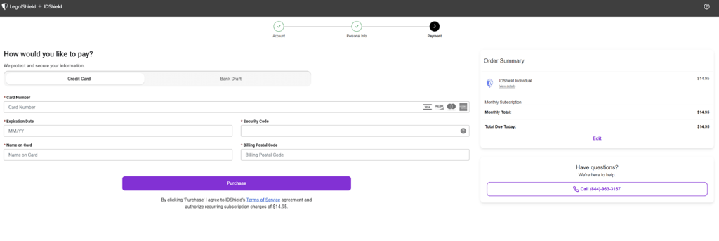 Completing IDShield checkout