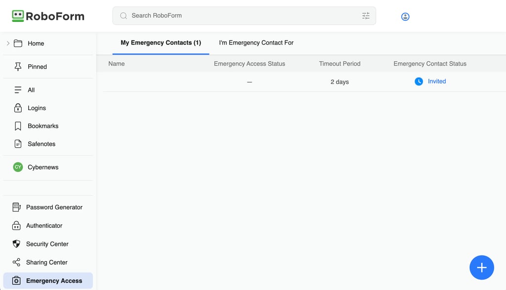 RoboForm Emergency Access interface