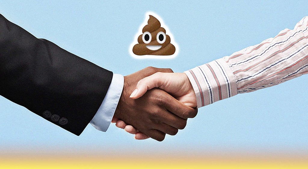 people shaking hands and poop emoji