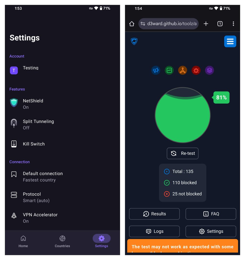 Proton VPN NetShield Android test