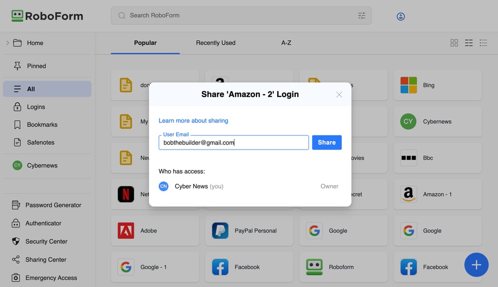 Sharing a password using RoboForm