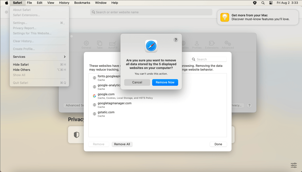 Safari settings menu