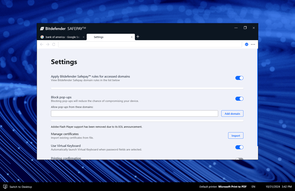Bitdefender Safepay settings