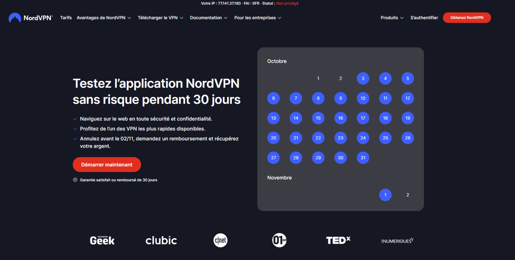 NordVPN 30 day money back guarantee calendar french
