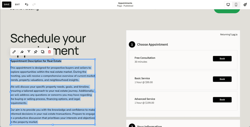 squarespace appointments page