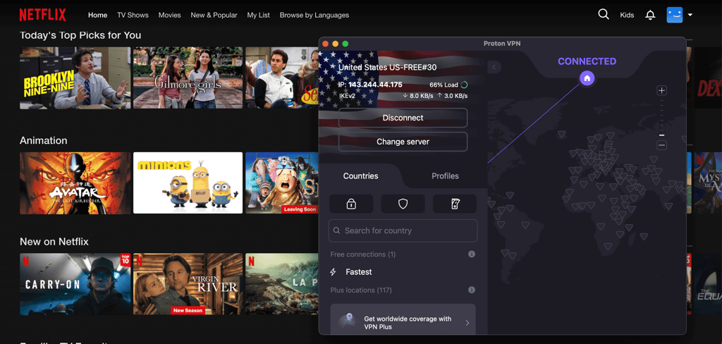 Streaming Netflix while connected to Proton VPN's US server